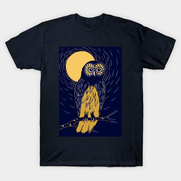 Deep blue and gold linocut of an owl on a moonlit night T-Shirt by Maddybennettart